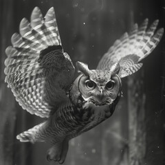 Wall Mural - an image of a black and white photo of an owl flying