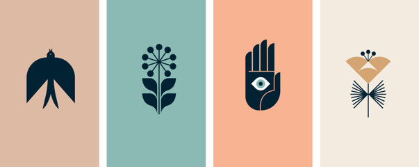 Wall Mural - minimalist botanic graphic elements and logos. flowers, simple plants and shapes vector illustration