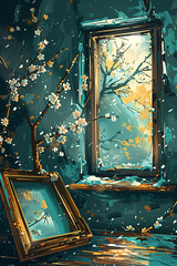 Wall Mural - there is a painting of a tree and a picture frame in a room