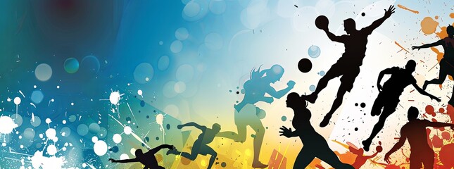 A dynamic, sports-themed background with silhouettes of athletes in action.