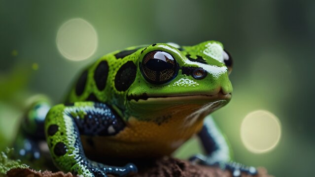 closeup portrait macro of poisonous green frog on leaf