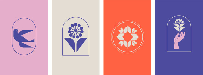 Wall Mural - minimalist botanic graphic elements and logos. flowers, simple plants and shapes vector illustration