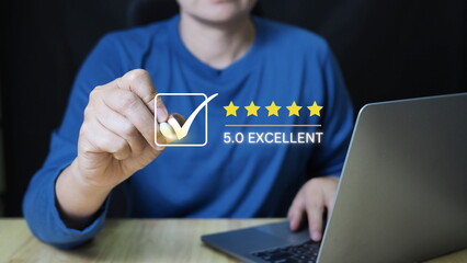 Wall Mural - Customer rating to the service experience and service experience rating online application,People use smartphone to satisfaction feedback review 5-Star Rate the satisfaction with the production