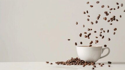 Coffee cup releasing coffee beans onto white table with white wall backdrop