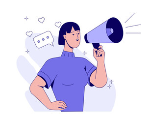Wall Mural - social media marketing. girl influencer with loudspeaker communicates with audience and attracts new