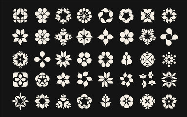 Wall Mural - collection of geometric flowers and shapes, modern minimalist style elements. black and white symbol