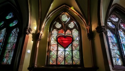 Wall Mural - The heart, fashioned from stained glass, adorned with intricate patterns at church.