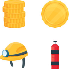 Gold mining icons set cartoon vector. Mining equipment and gold nugget. Goldmine