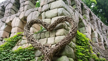 Wall Mural - The heart, woven from strands of ivy, entwined around the weathered stones of an ancient castle. 