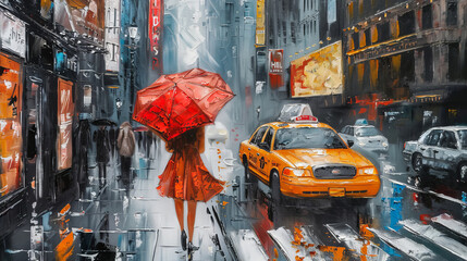 Woman with red umbrella walking in rainy New York street