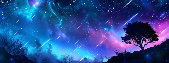 Wall Mural - A magical, night sky background with aurora borealis and shooting stars.