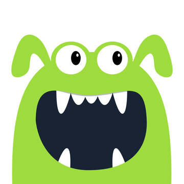 Happy Halloween. Cute monster scary screaming face head icon. Eyes, fang tooth, ears. Green silhouette. Cartoon boo spooky kawaii funny baby character. Flat design White background Vector illustration