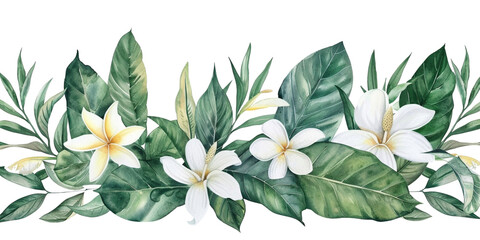 Wall Mural - Watercolor of Tropical spring floral green leaves and flowers elements isolated white on background