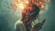 © NoonPanaya - powerful visual metaphor of social media addiction, with a young woman's head bursting open from the pressure of excessive information.information illustrated by a young woman's brain exploding .