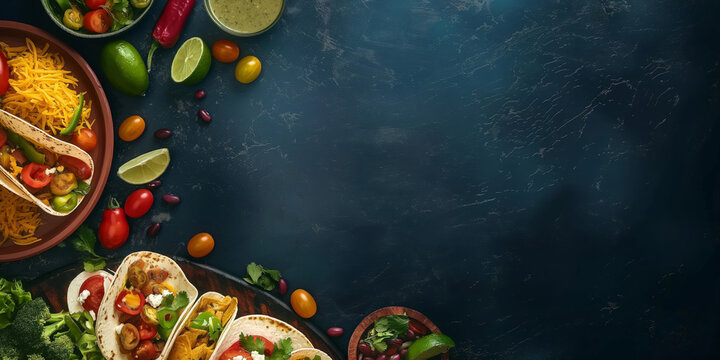Mexican food creative background for menu and restaurant. Typical latin dishes in Mexico. Tortilla, burrito, chilli con carne, chilli, pepper, tomatoes, and tomato sauce. Food menu, copy space design.
