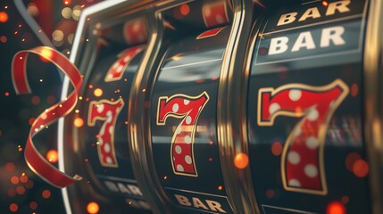 Illustration of 777 ribbons on a casino slot machine 3d render