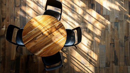 Wall Mural - Round wooden table and black chair indoors, top view