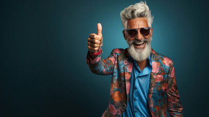 A fashionable older man with white hair and beard sporting sunglasses and a colorful blazer gives a thumbs up sign