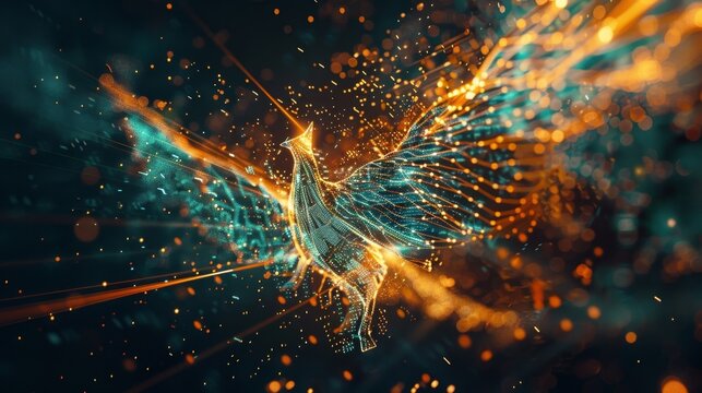 A futuristic portrait of a phoenix composed entirely of lines of code denoting the rise of digital currency as the future of finance.