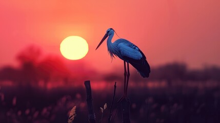 stork perching on pole at sunset