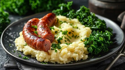 Wall Mural - Dutch stamppot on a plate, mashed potatoes mixed with kale and served with a smoked sausage. A traditional and hearty dish from the Netherlands.
