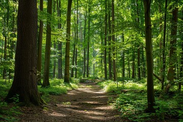  A winding dirt path cuts through a lush forest, surrounded by towering trees and verdant foliage, leading deeper into the tranquil natural beauty. Generative AI