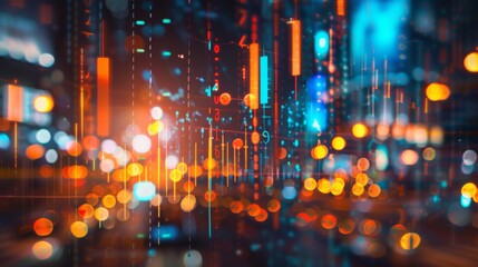 Fototapete - Abstract glowing big data forex candlestick chart on blurry city backdrop. Trade, technology, investment