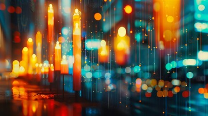 Fototapete - Abstract glowing big data forex candlestick chart on blurry city backdrop. Trade, technology, investment
