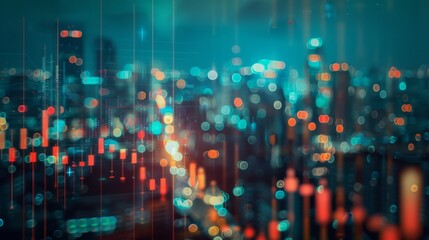 Fototapete - Abstract glowing big data forex candlestick chart on blurry city backdrop. Trade, technology, investment