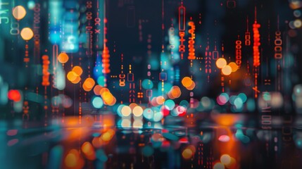 Fototapete - Abstract glowing big data forex candlestick chart on blurry city backdrop. Trade, technology, investment