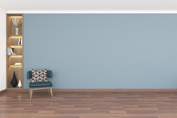 3d render of blue wall mock up with corner recessed book shelves and blue armchair. Wood parquet floor and white ceiling. Set 5