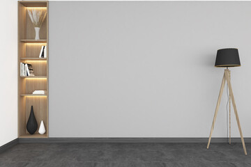3d render of light gray wall mock up with corner recessed book shelves and standing lamp. Wood parquet floor and white ceiling. Set 4