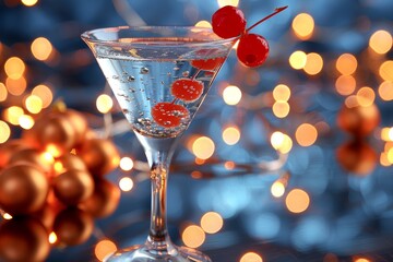 Wall Mural - Classic martini with cherries in an elegant bar setting, surrounded by vibrant bokeh lights, embodying sophistication and celebration, perfect for upscale nightlife and social events