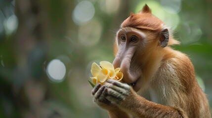 Wall Mural - Close up of proboscis monkey eating . Generative Ai