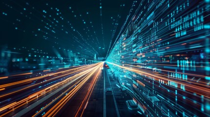 Fototapete - Digital data flow on road