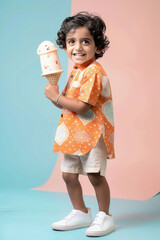 Canvas Print - Cute indian little boy holding big ice cream cone