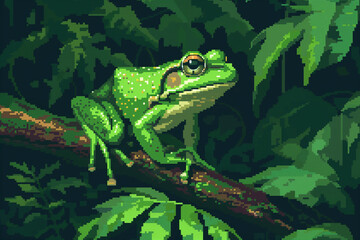 Wall Mural - vibrant green frog in lush jungle - pixel art masterpiece. ai generated illustration