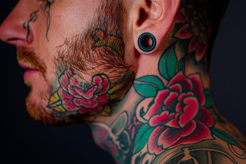 Vibrant Floral Tattoos on Man Face and Neck - Close-up Portrait. AI Generated