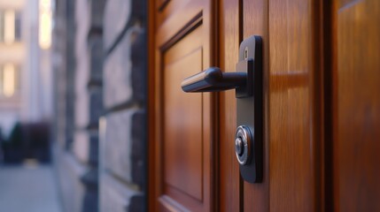 Wooden door with handle in modern design building. Generative AI