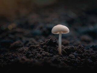 Wall Mural - Solitary mushroom in dark forest