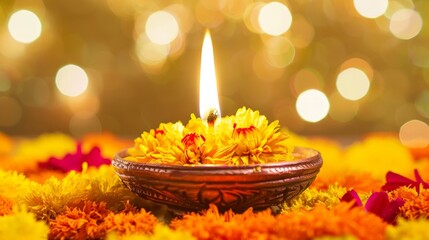 Poster - glowing candle surrounded by vibrant yellow flowers