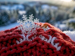 Poster - Sparkling snowflake on cozy red knitted fabric