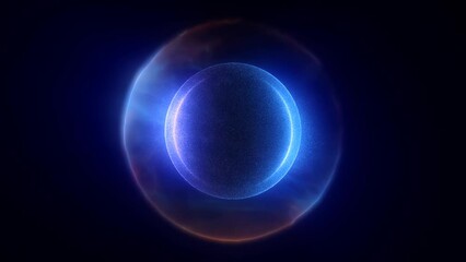 Wall Mural - abstract blue bright glowing background with a sphere core atom energy burning ball circle made of w
