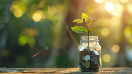 Poster - Plant growing from coins outside the glass jar on blurred green natural background