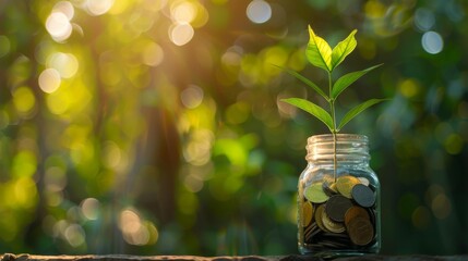 Poster - Plant growing from coins outside the glass jar on blurred green natural background