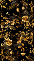 Wall Mural - A black background adorned with intricate gold flowers and leaves, creating a striking contrast