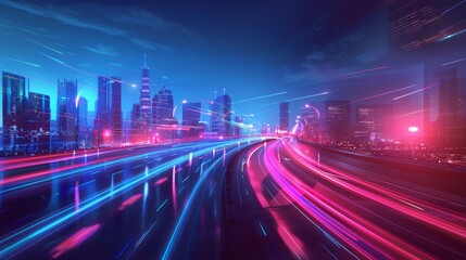 Wall Mural - Smart city with speed line glowing light trail surround the city.