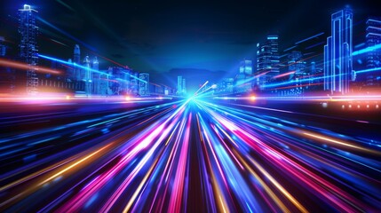Fototapete - Smart city with speed line glowing light trail surround the city.