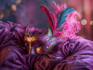 Poster - Vibrant carnival mask with feathers on purple fabric