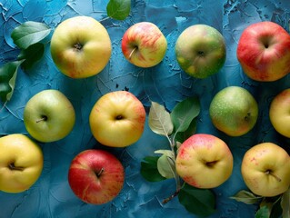 Wall Mural - Assortment of fresh apples on a blue background